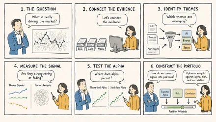 Six-step investment research process: 1. The Question, 2. Connect the Evidence, 3. Identify Themes, 4. Measure the Signal, 5. Test the Alpha, 6. Construct the Portfolio